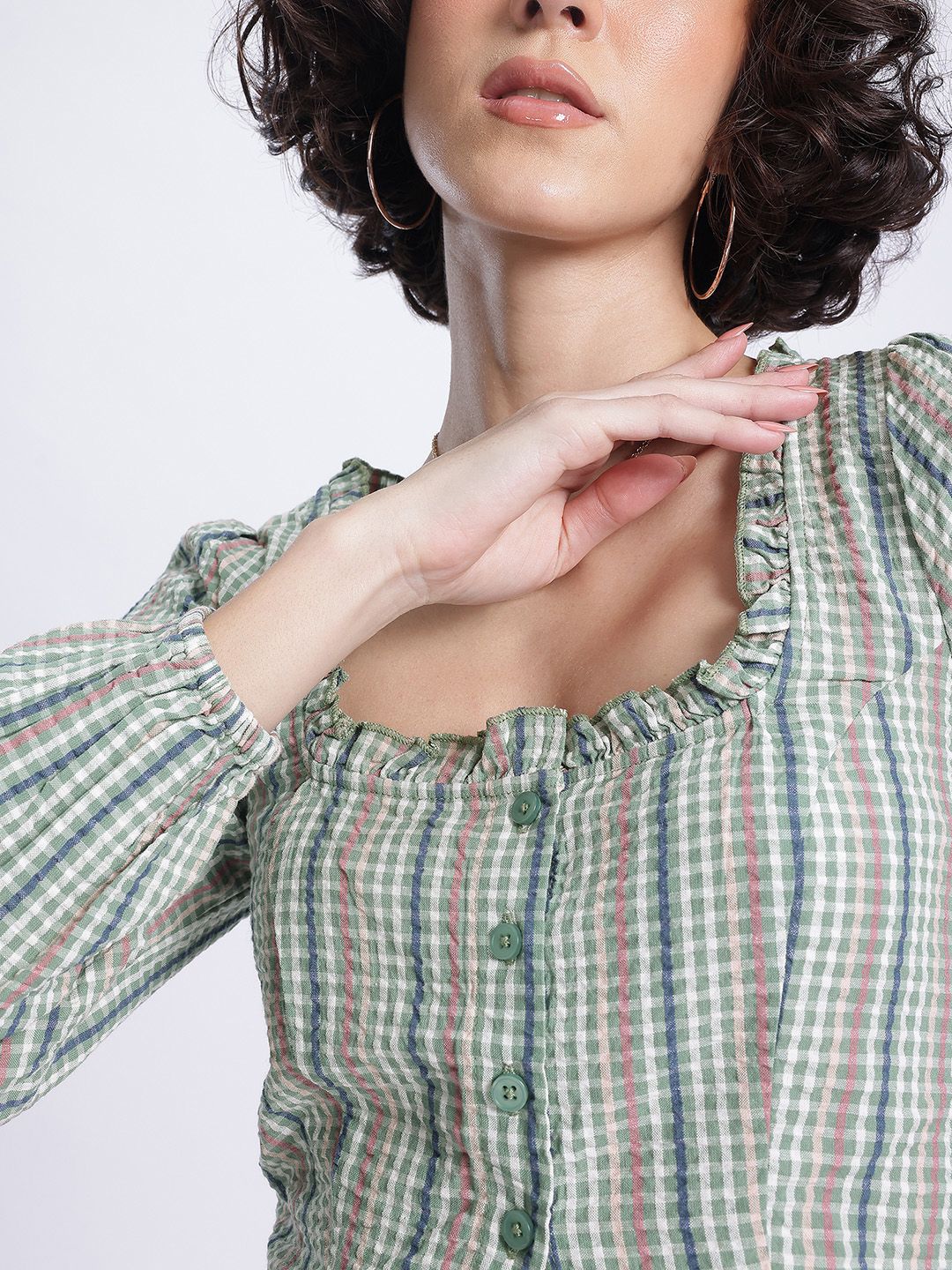 DressBerry Sheer Seersucker Frill Detail Shirt-Style Top
