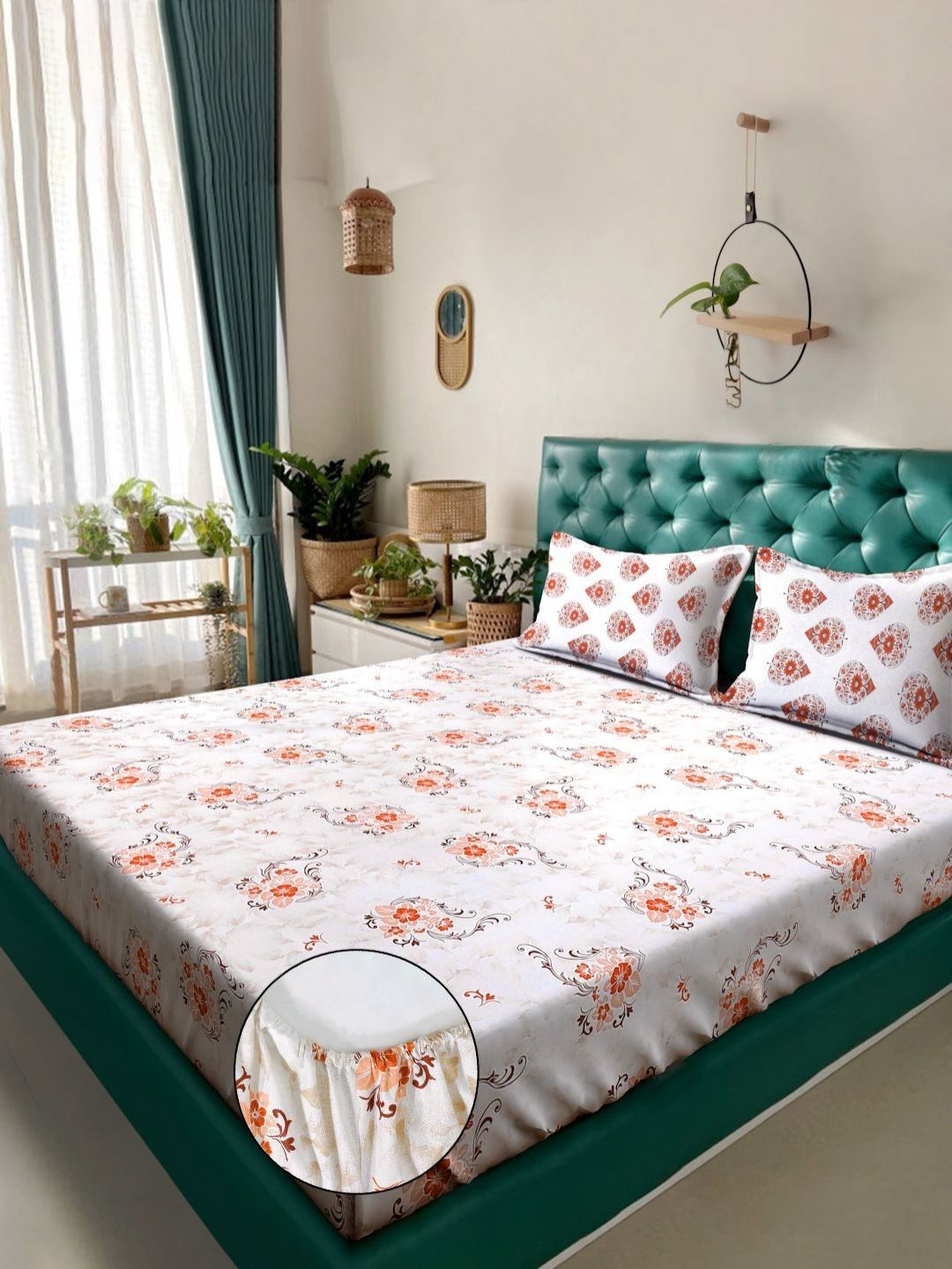 KLOTTHE Orange Floral Printed Fitted 400 TC Cotton King Bedsheet With 2 Pillow Covers