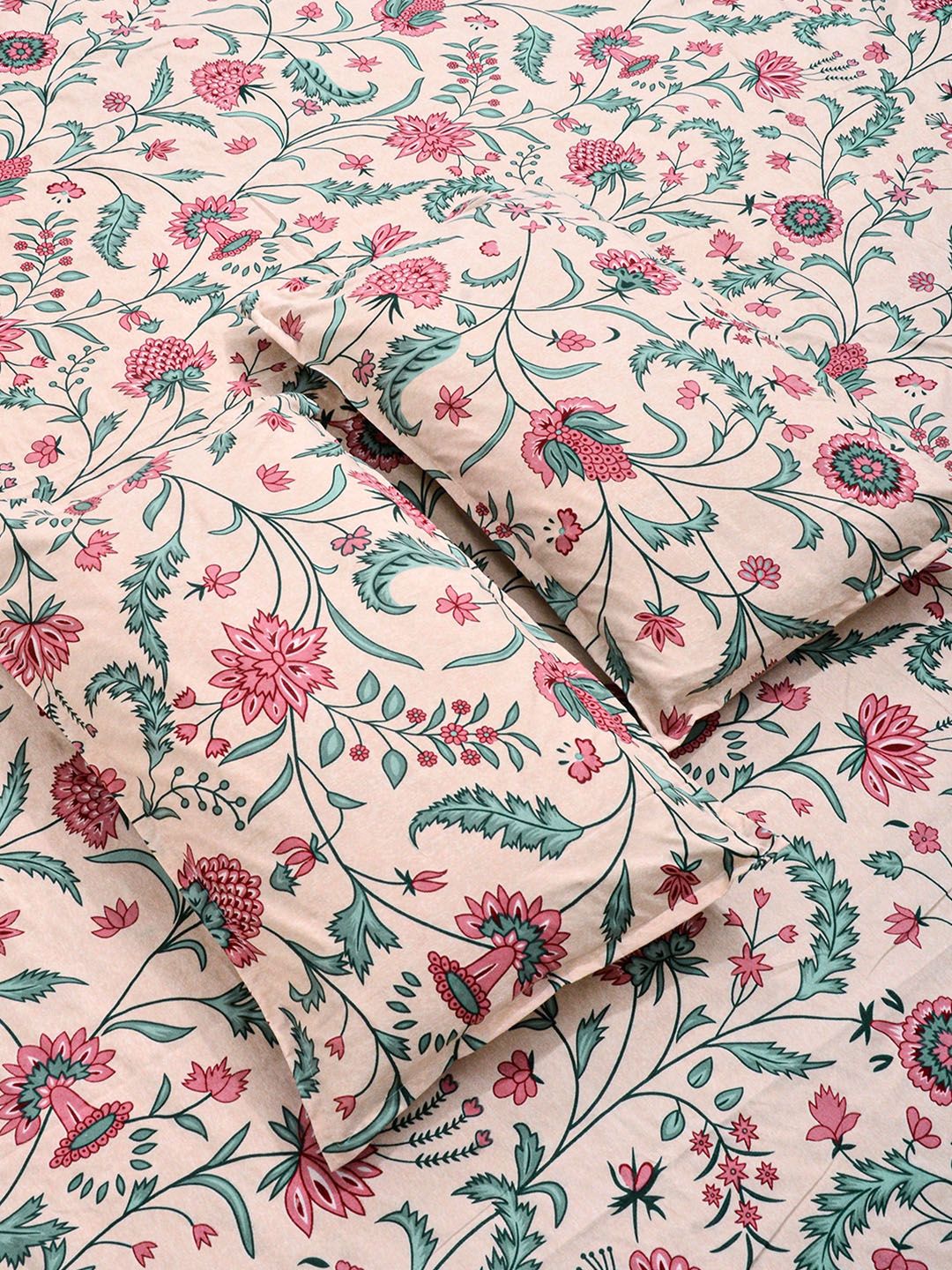 KLOTTHE Beige & Pink Printed 300 TC Double Bedsheet With 2 Pillow Covers- 2.5 m x 2.25 m