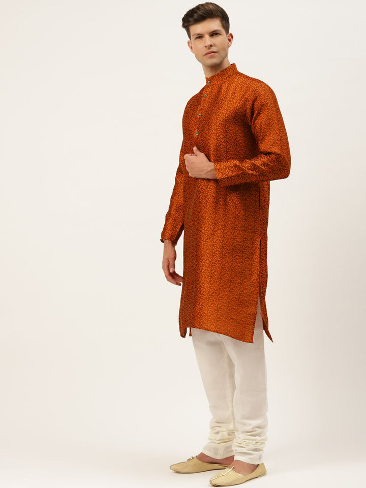 SOJANYA Lelaki Biru Teal & Rust Orange Jacquard Motif Etnik Kurta Lurus dengan Churidar