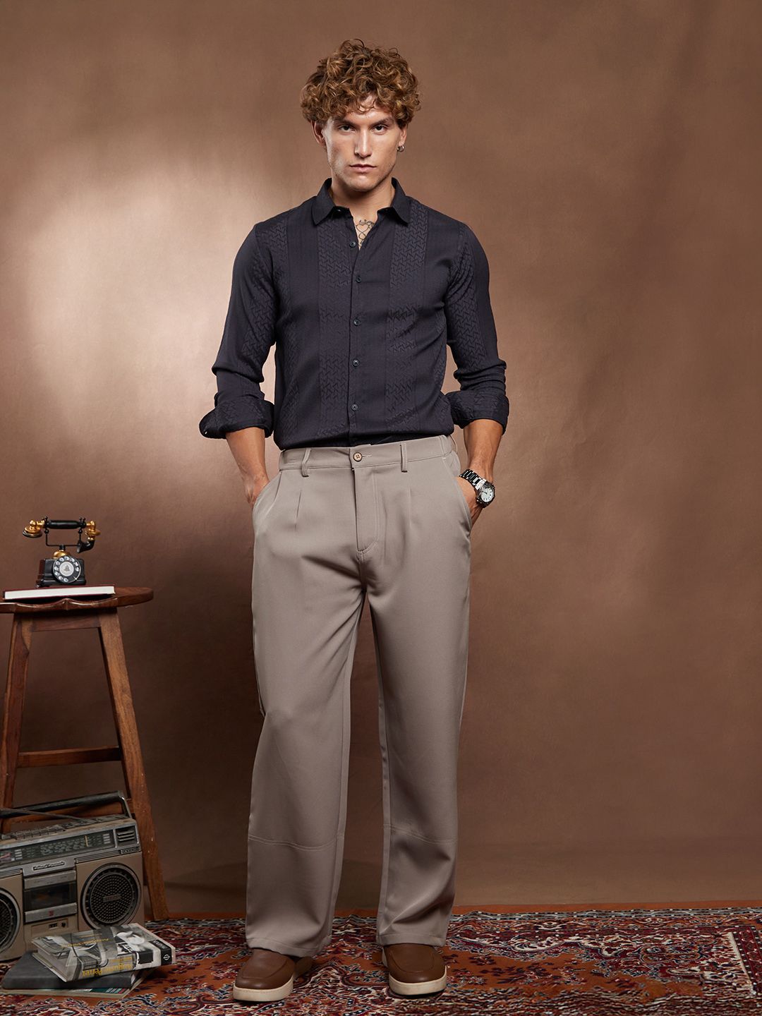 Campus Sutra Comfort Tactile-Panel Self Design Regular Fit Casual Shirt