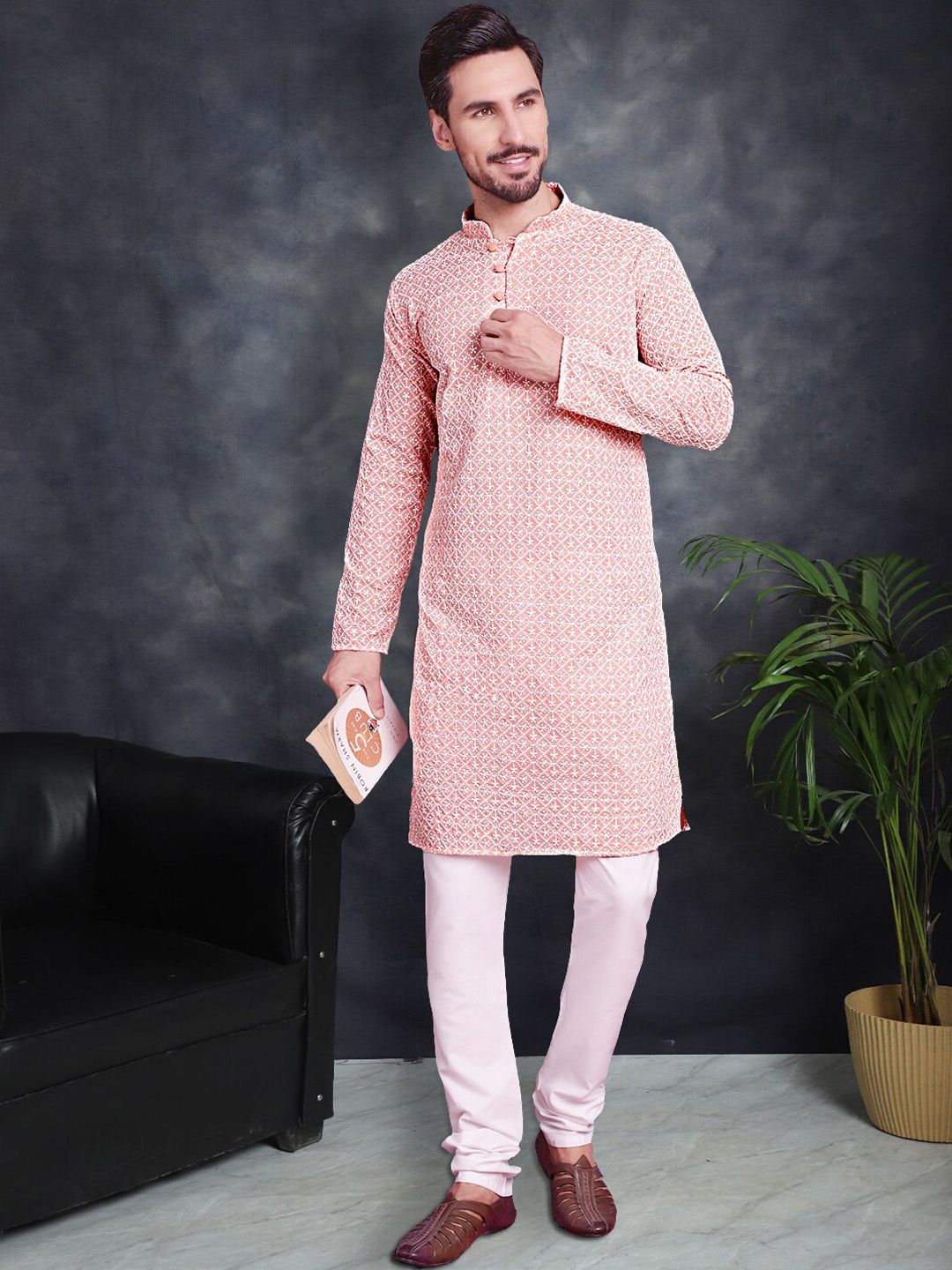 Jompers Ethnic Motifs Embroidered Pure Cotton Chikankari Kurta With Churidar