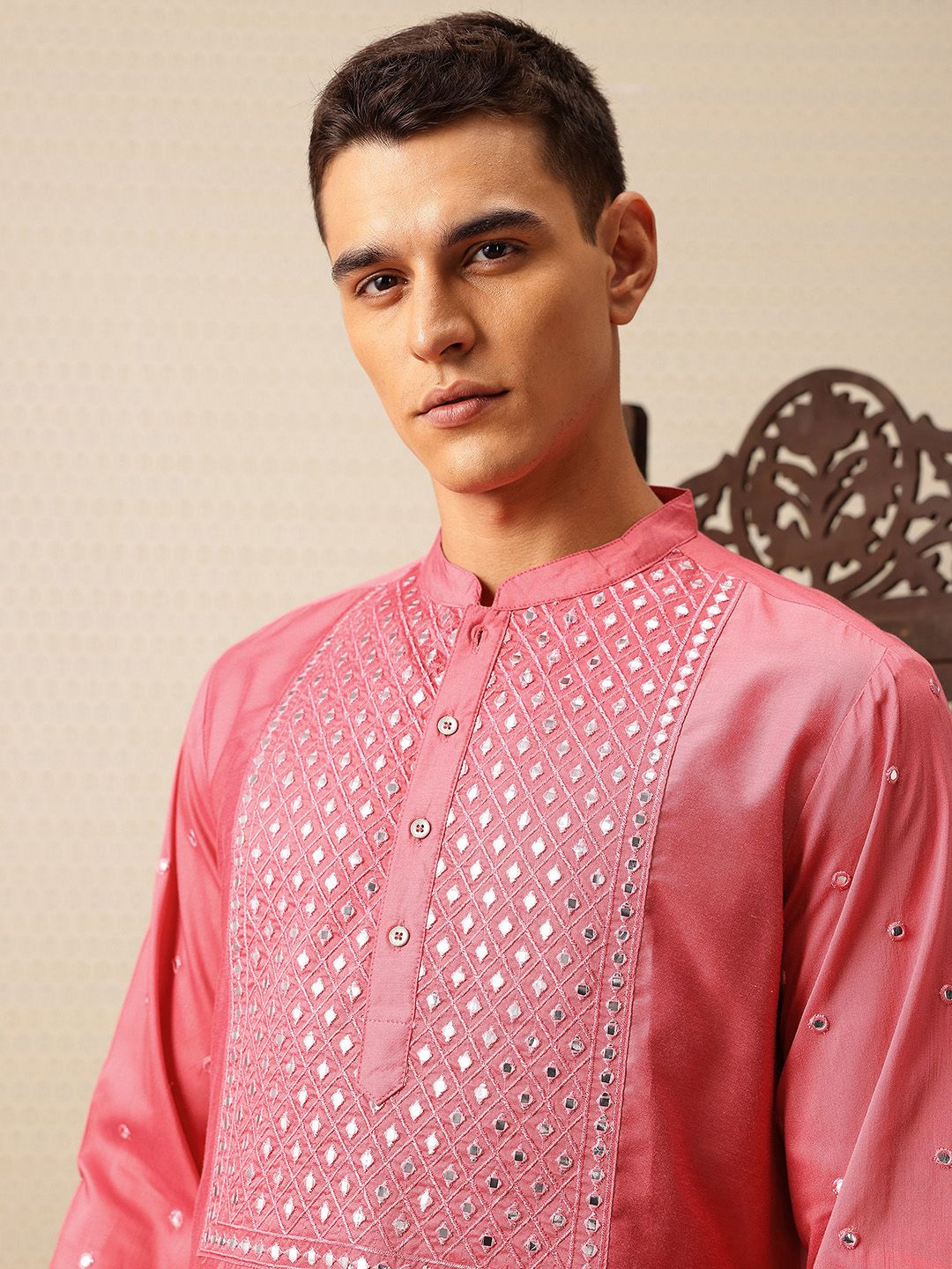 House of Pataudi Embroidered Mandarin Collar Mirror Work Jashn Kurta with Salwar