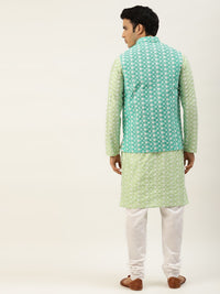 SOJANYA Lelaki Turquoise Biru & Hijau Motif Etnik Sulam Kurta Churidar