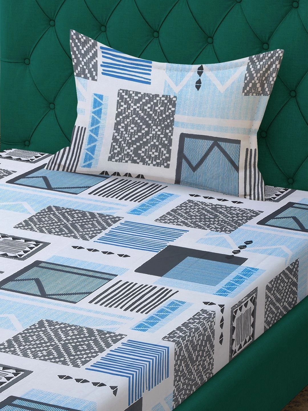 Myntra Elegant Homes Blue Geometric 400 TC Single Bedsheet with 1 Pillow Covers