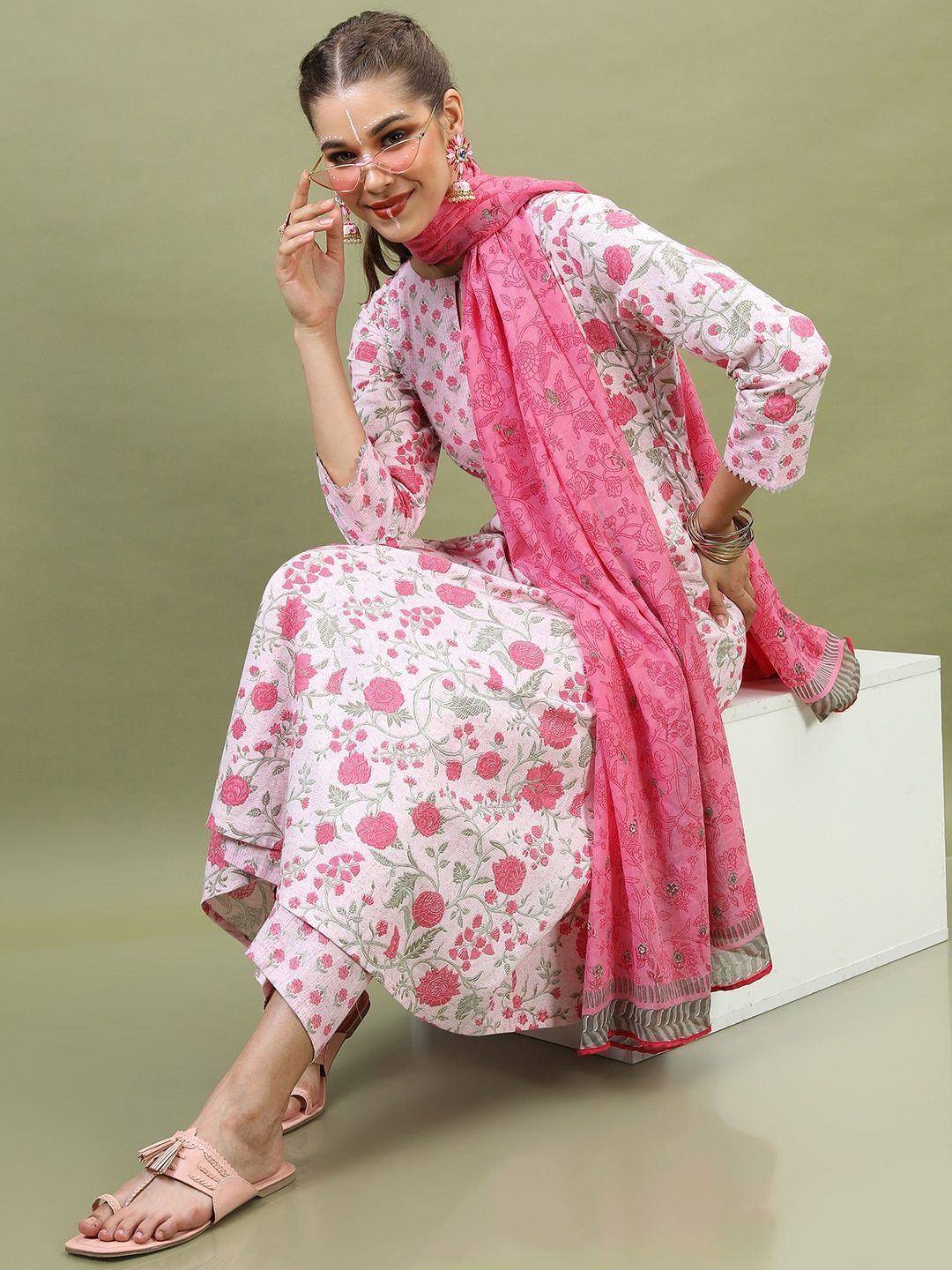 Vishudh Women Floral Pure Cotton Kurta with Trouser and Dupatta