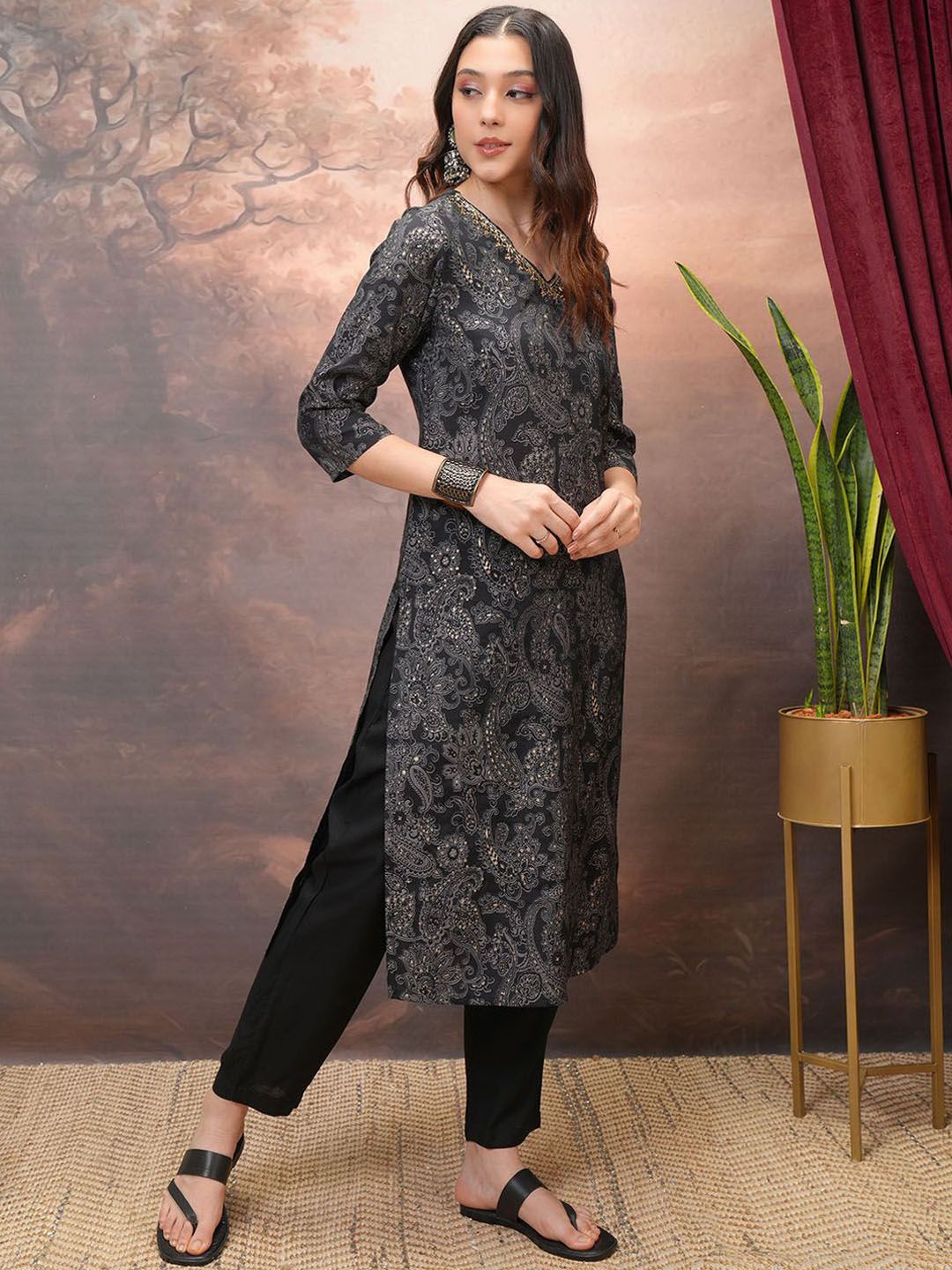 Vishudh Black Paisley Printed Sequinned Straight Kurta With Trousers & Dupatta