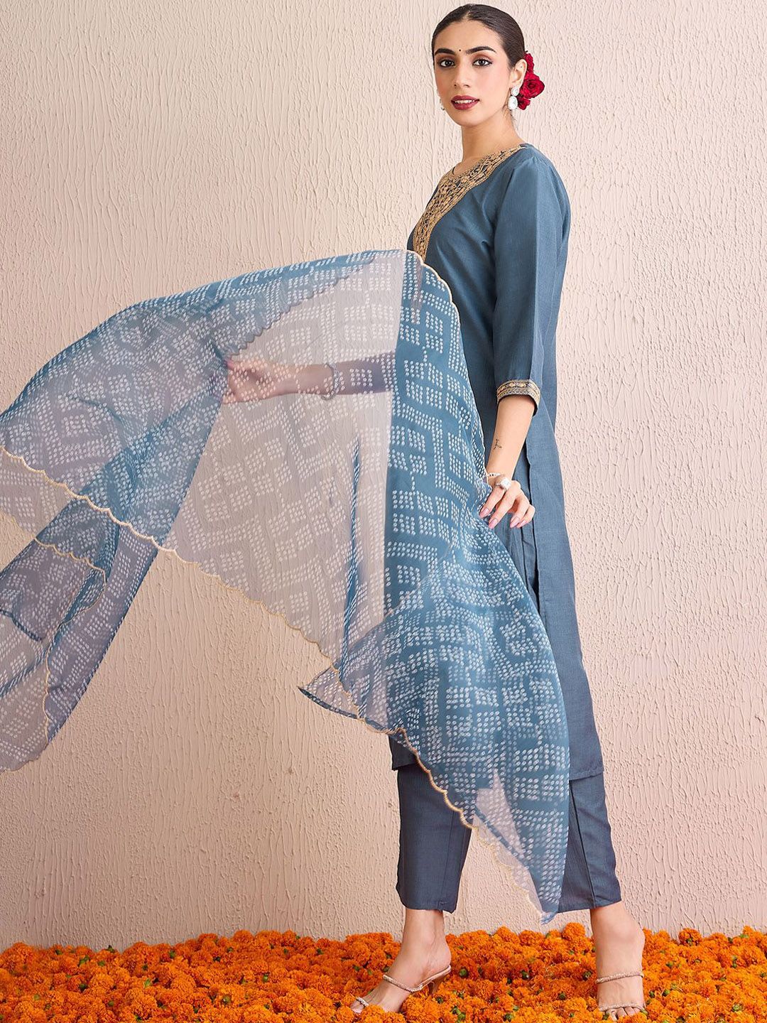 Indo Era Women Bandhani Embroidered Regular Gotta Patti Kurta with Trousers & With Dupatta