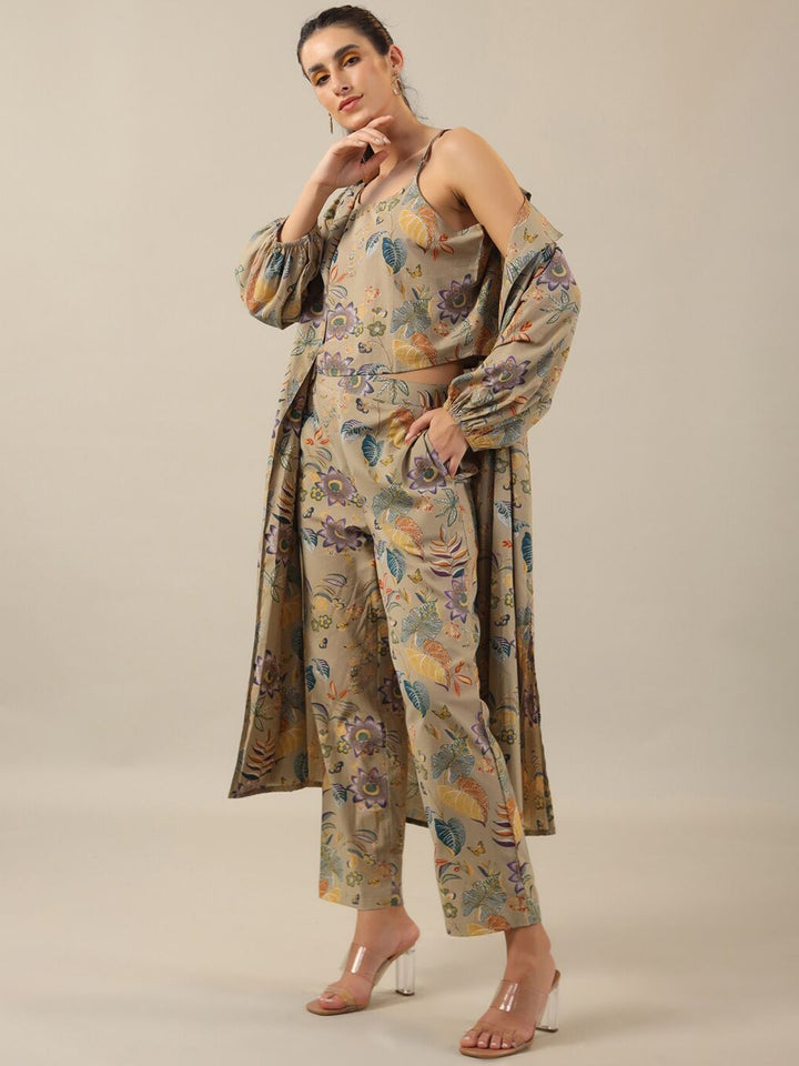SANSKRUTIHOMES Beige Printed Pure Cotton Top With Trouser & Jacket