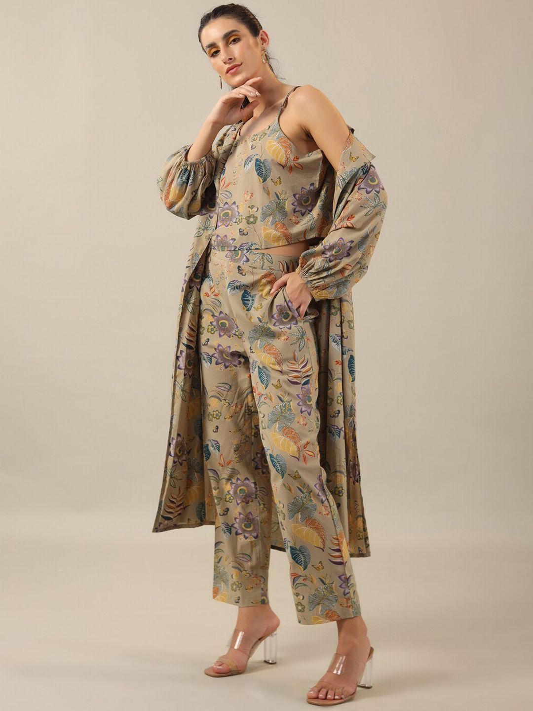 SANSKRUTIHOMES Beige Printed Pure Cotton Top With Trouser & Jacket