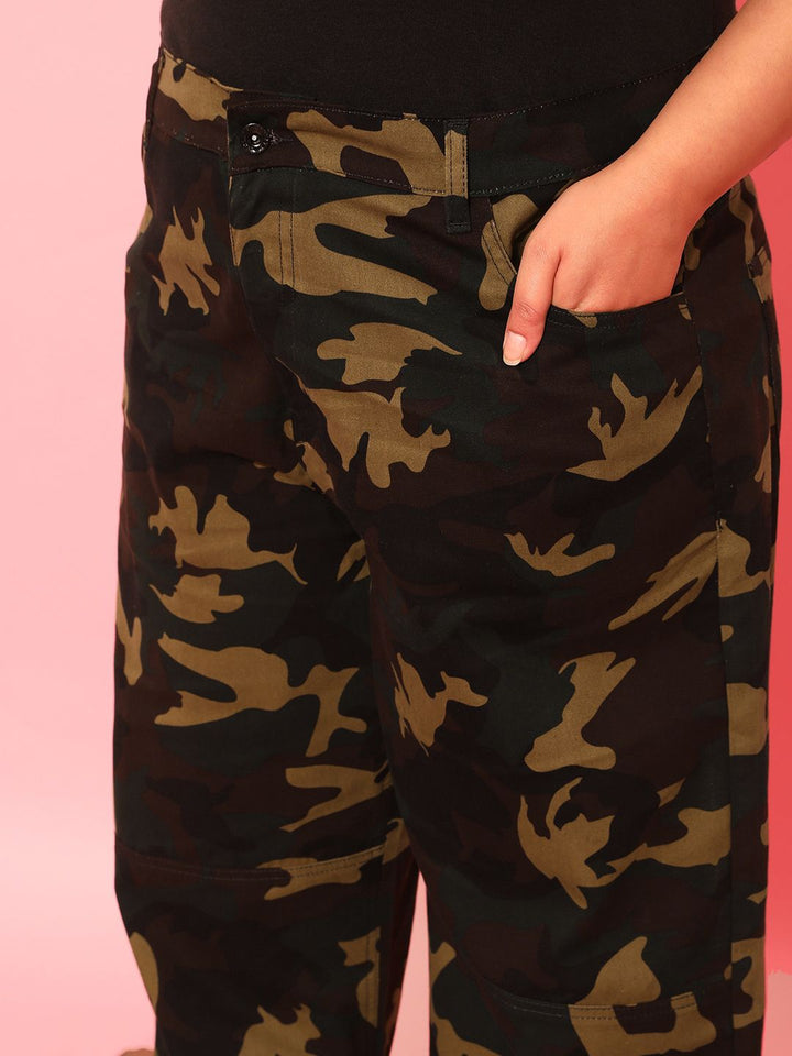 CURVY STREET Women Plus Size Olive Green Printed Relaxed Straight Leg Pure Cotton Trousers