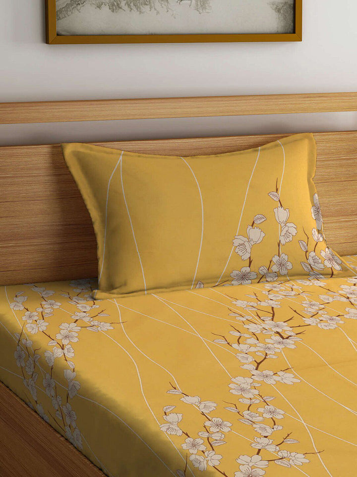 KLOTTHE Yellow & White Floral-Printed 400TC Pure-Cotton Fitted Single Bedsheet Set