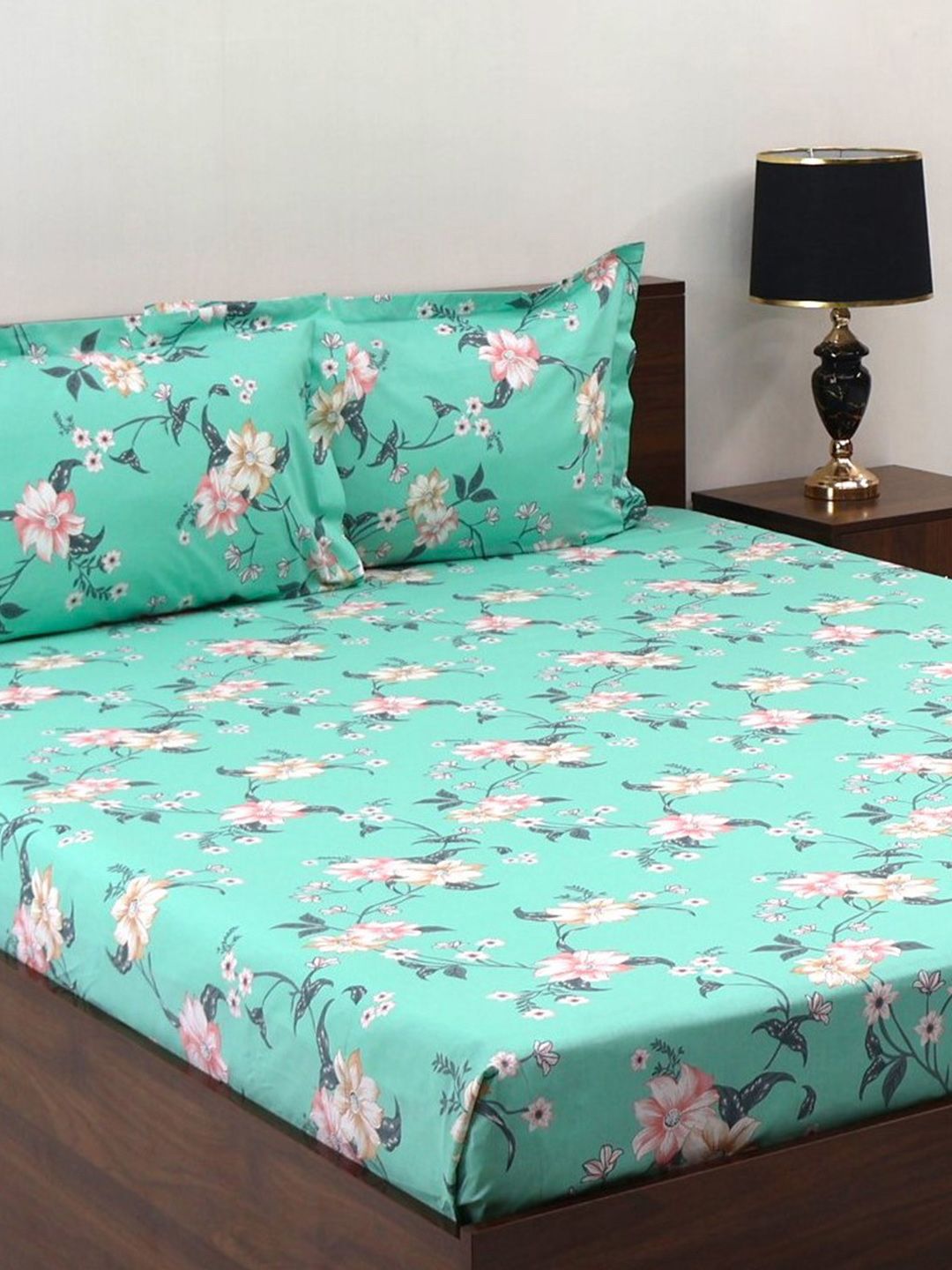 BOMBAY DYEING Allure Sea Green Floral Cotton 144TC Fitted Bedsheet Set-1.52mX1.98mX 30 cm