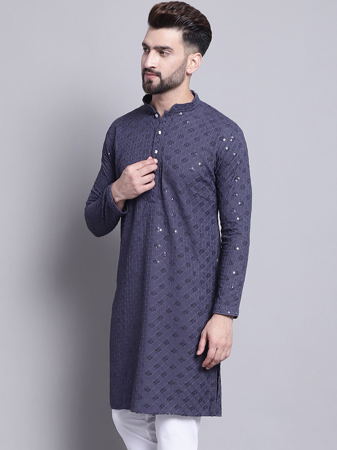 SOJANYA Geometric Embroidered Sequence Mandarin Collar Pure Cotton Kurta