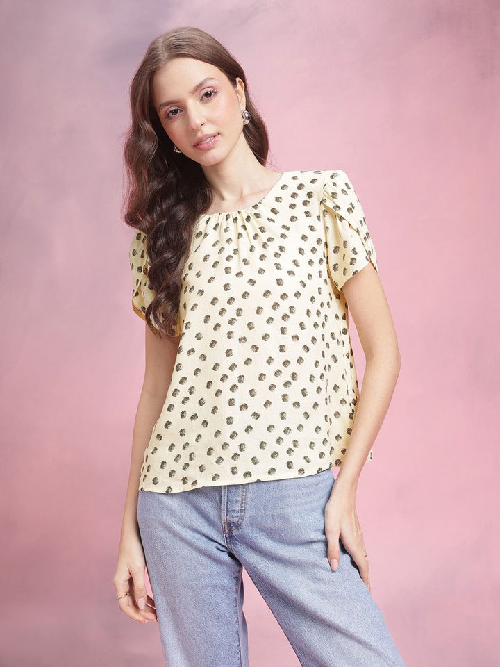 DressBerry Polka Dot Print Puff Sleeves Top
