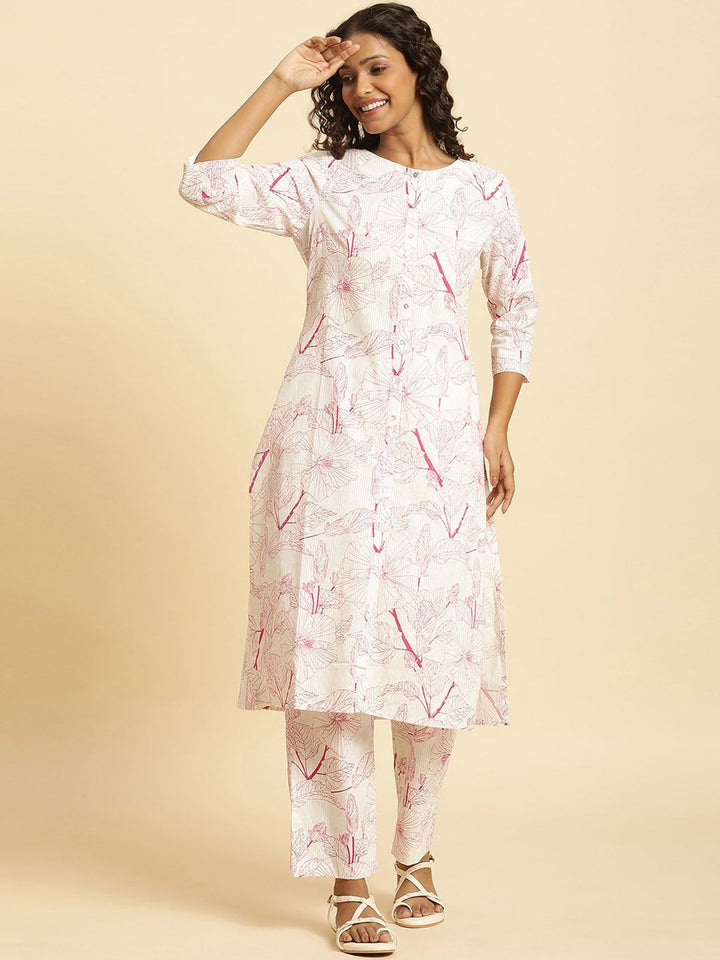 W Floral Printed Pure Cotton Kurta With Trousers
