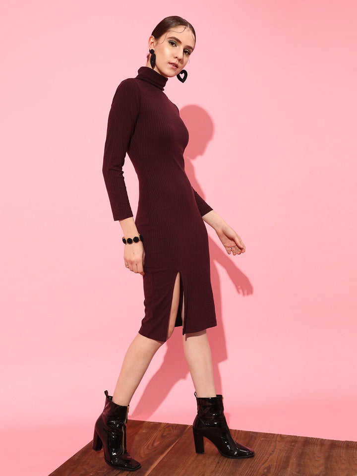 STREET 9 Front Slit Knee Length High Neck Acrylic Jumper Dress