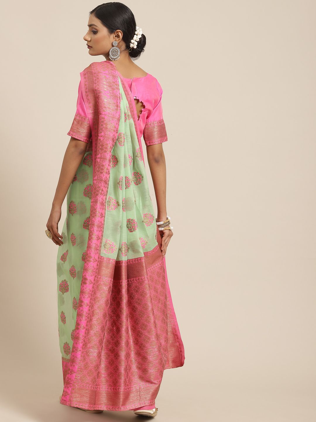 Saree mall Green & Pink Floral Zari Linen Blend Banarasi Sarees