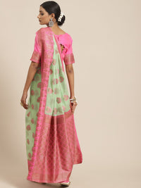 Saree mall Green & Pink Floral Zari Linen Blend Banarasi Sarees