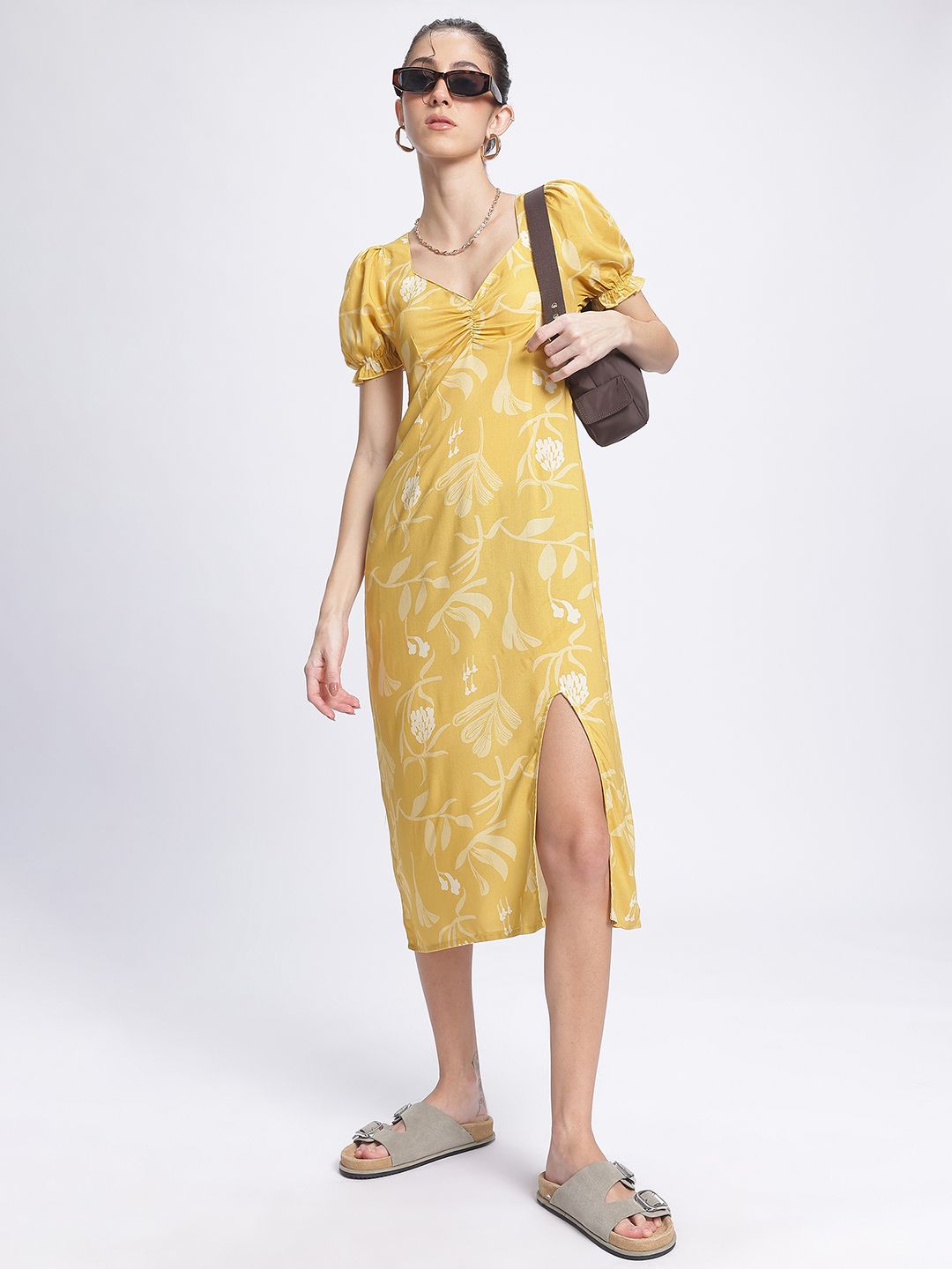 DressBerry Floral Dreams Sweetheart Neck Ruched Front Slit Sheath Dress