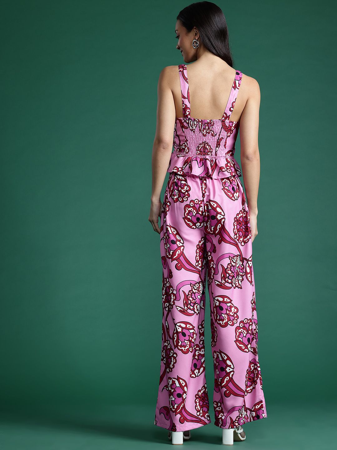 DressBerry Women Floral Printed Smocked Top with Trousers Co-Ord Set