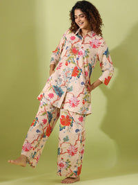 SANSKRUTIHOMES Floral Printed Shirt Collar Pure Cotton Night suit