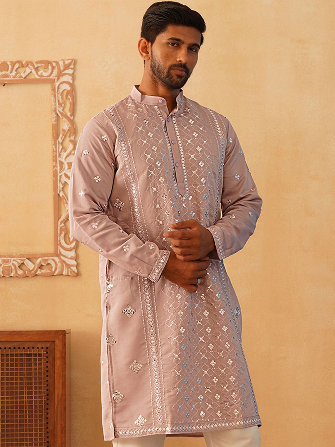 Jompers Ethnic Motifs Embroidered Band Collar Sequinned Straight Kurta