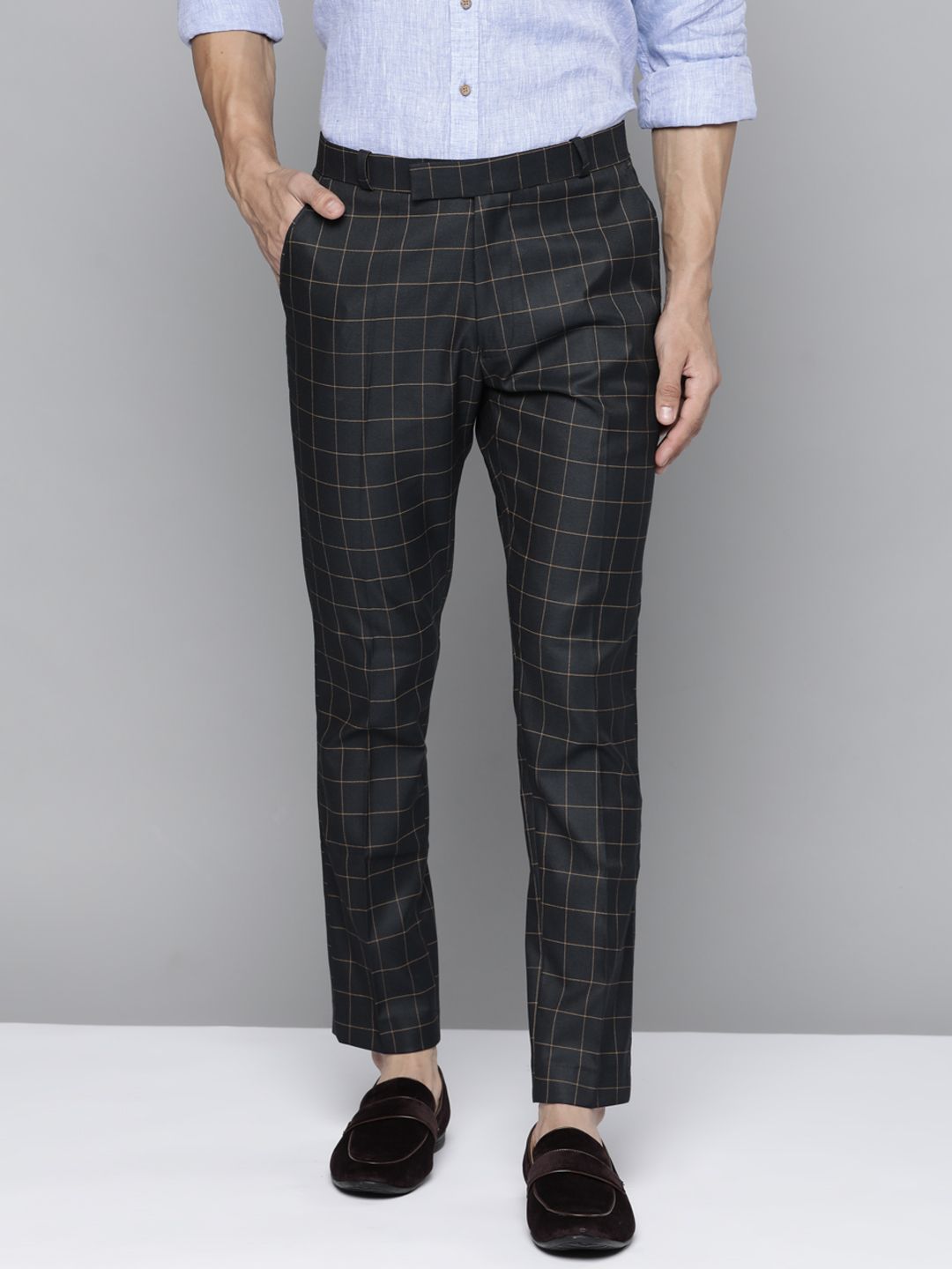 DENNISON Men Black Checked Smart Tapered Fit Trousers