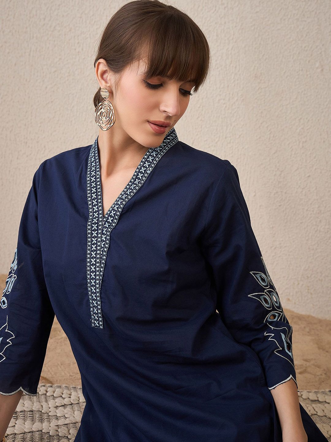 Indo Era Embroidered Three-Quarter Sleeves Pure Cotton Tunic With Trouser