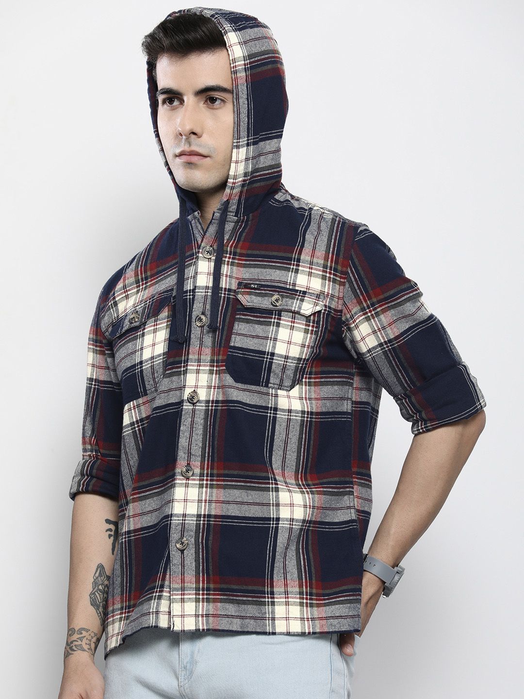 The Indian Garage Co Men Checkered Hooded Shirt with Double Flap Pockets