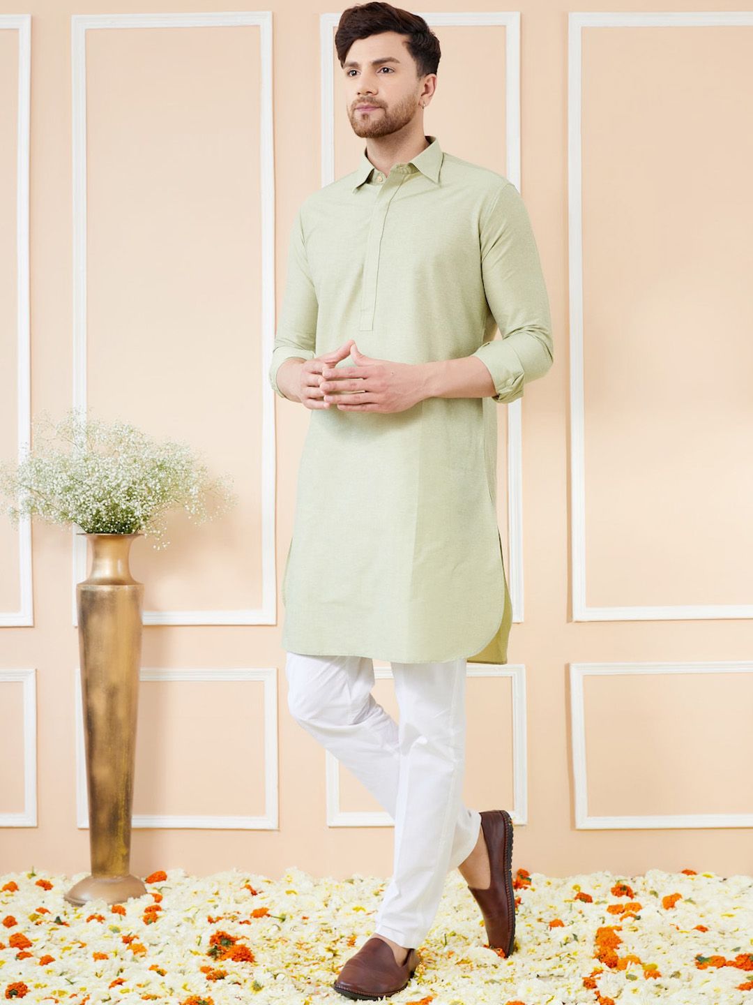 See Designs Shirt Collar Long Sleeves Pure Cotton Pathani Kurta With Pyjamas