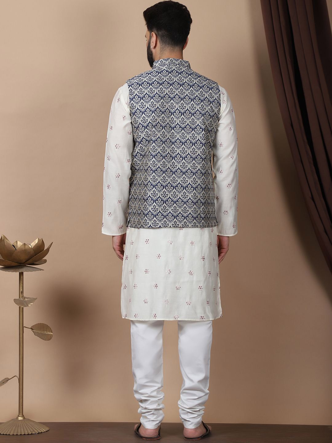 Anouk Cream-Coloured Floral Embroidered Cotton Silk Kurta with Churidar & Nehru Jacket
