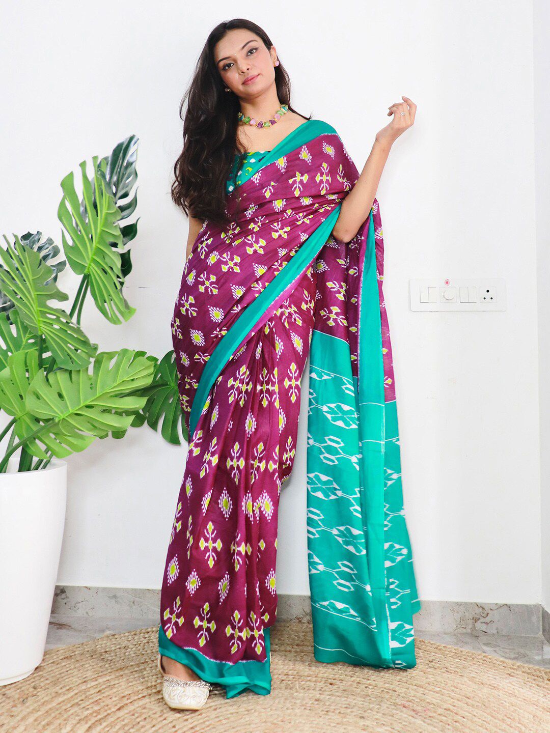 Saree mall Ethnic Motifs Poly Cotton Ikat Ready to Wear Saree