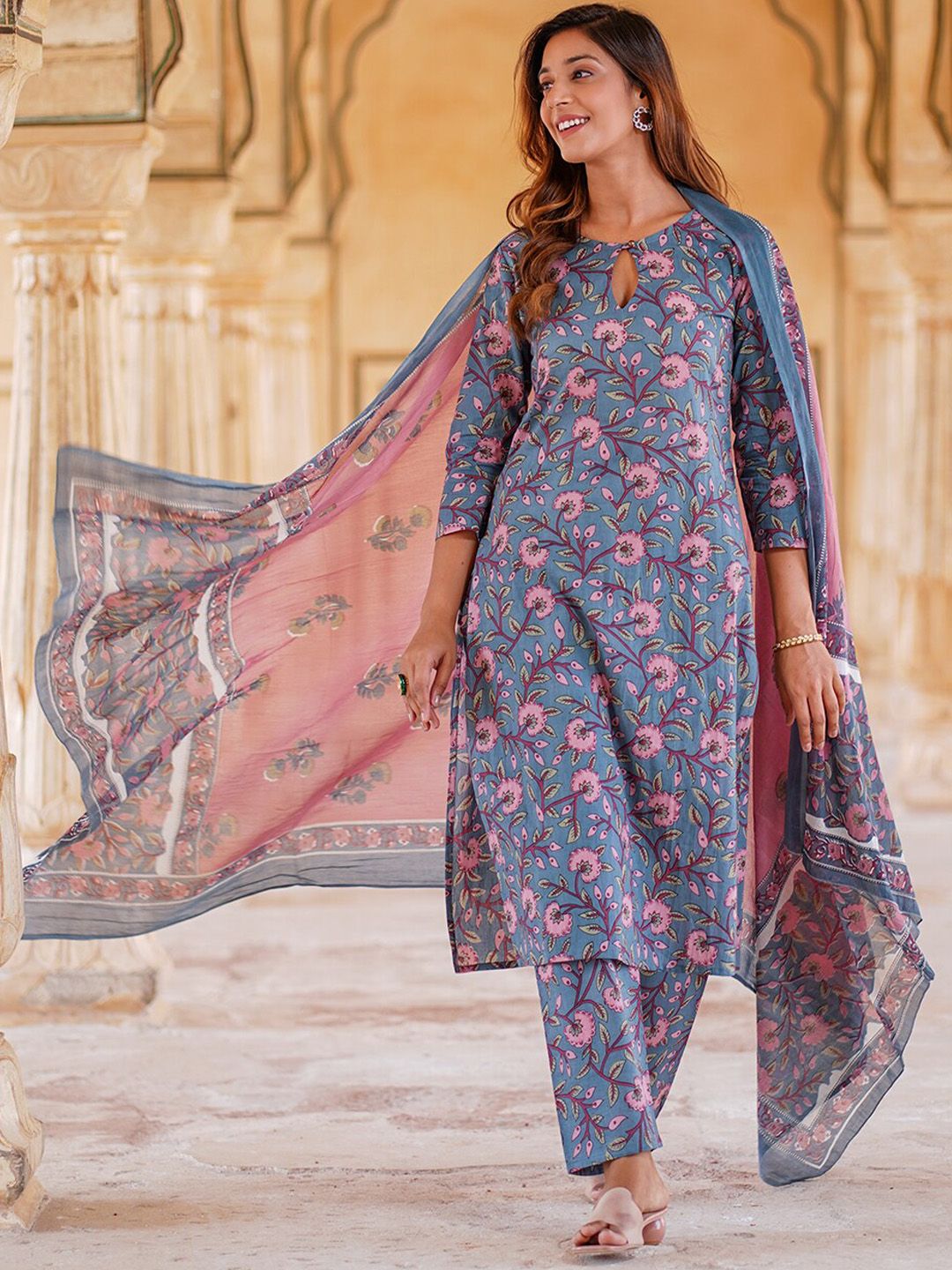 KALINI Floral Printed Regular Pure Cotton Kurta with Trousers & Dupatta