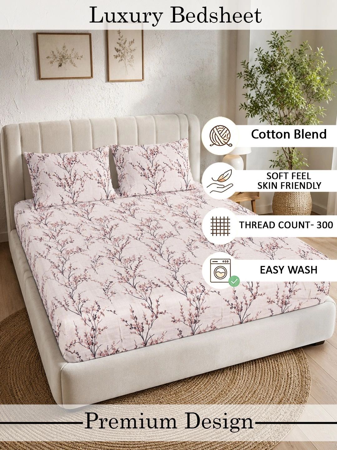 KLOTTHE Floral 300 TC Cadar King Berwarna Krim dengan 2 Sarung Bantal