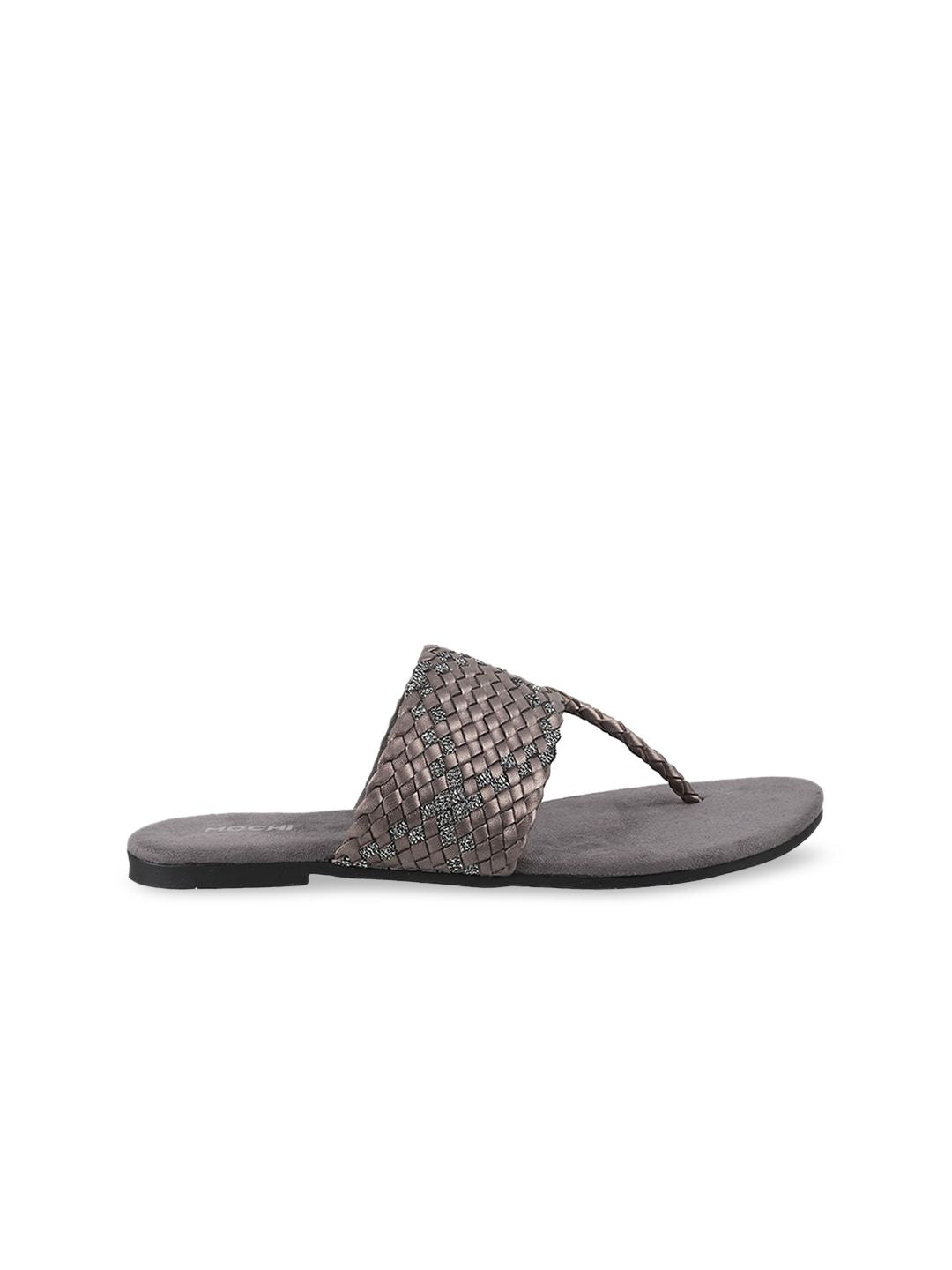 Mochi Women Grey Woven Design T-Strap Flats