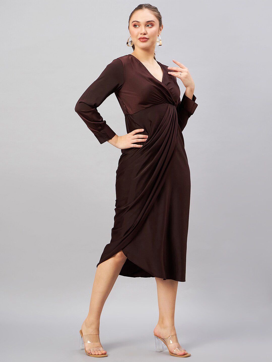 Antheaa Brown V-Neck Long Cuffed Sleeves Satin Wrap Midi Dress