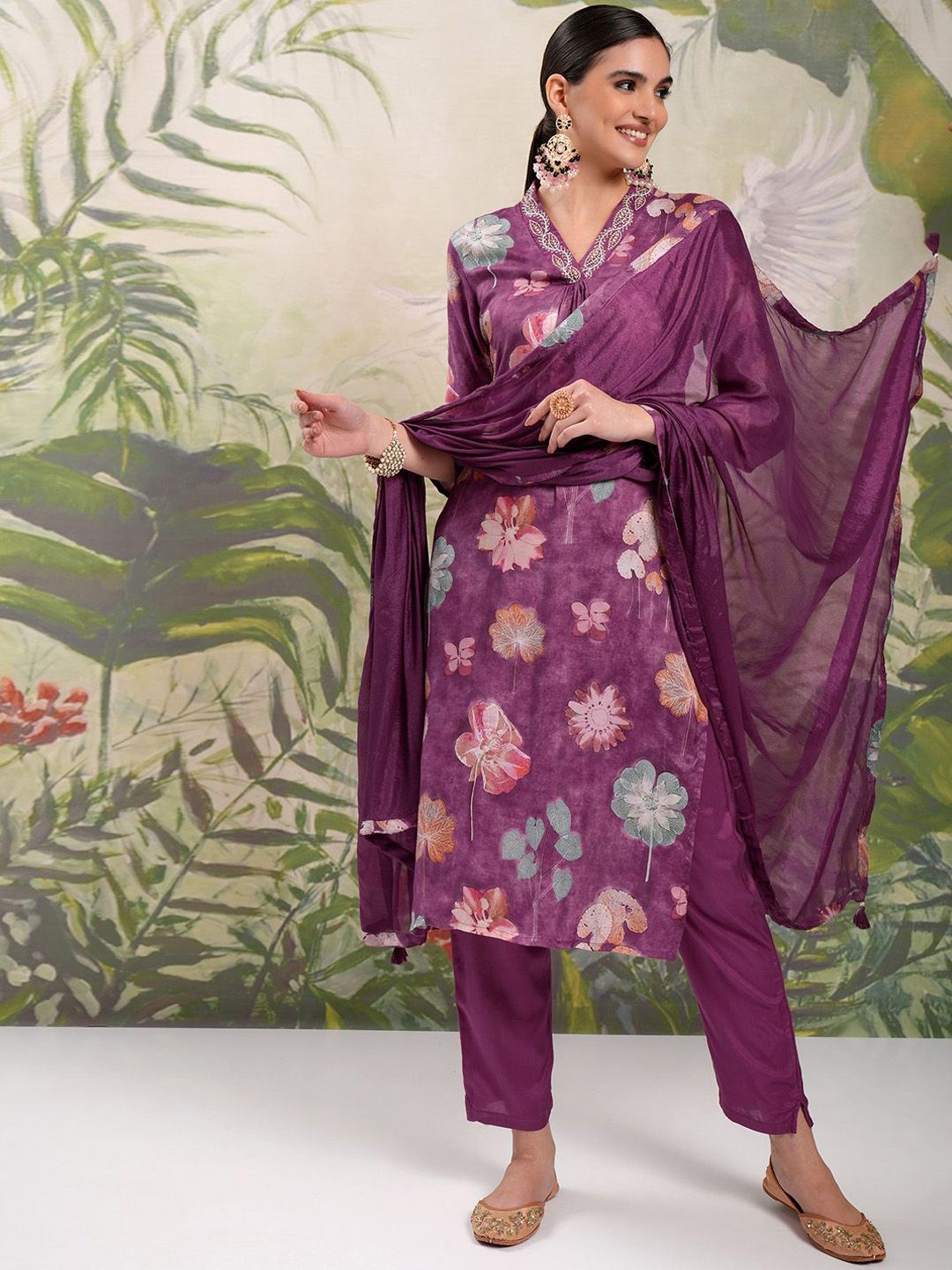Vishudh Burgundy Floral Printed Beads & Stones Straight Kurta With Trousers & Dupatta