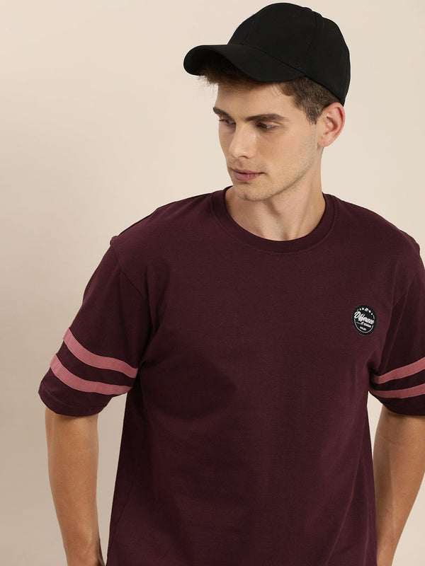 Difference of Opinion Men Burgundy Round Neck Extended Sleeves T-shirt