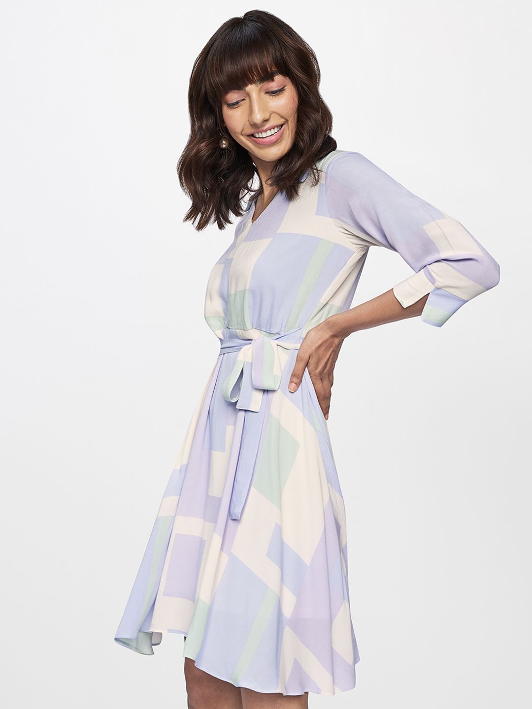 AND Blue & White Printed Waist Tie-Ups Detail Fit and Flare Formal Dress