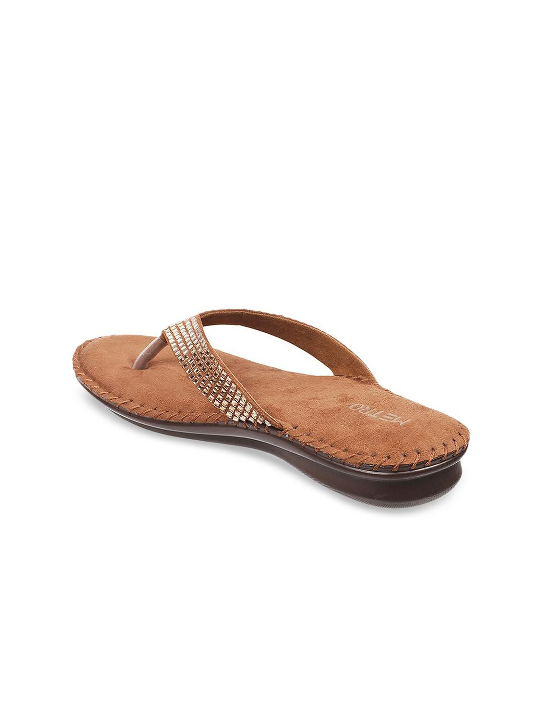 Metro Women Gold-Toned & Tan Brown Embellished Open Toe Flats