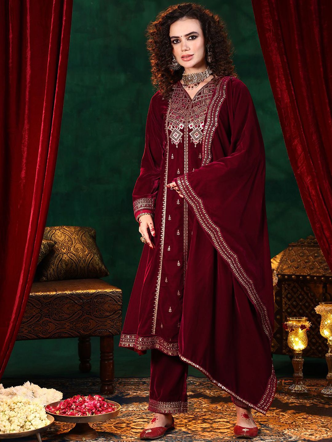 Libas Ethnic Motifs Embroidered Straight Sequinned Velvet Kurta with Trousers & Dupatta