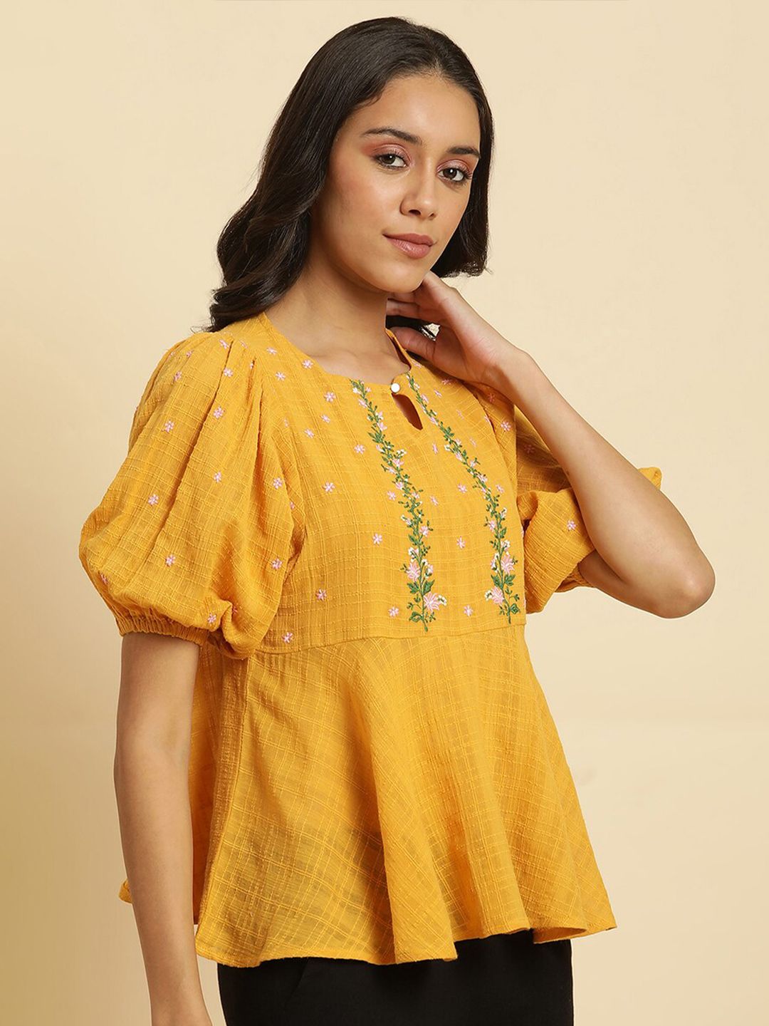 W Floral Embroidered Cotton A Line Top