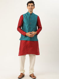 SOJANYA Men Maroon & Teal Blue Woven Design Kurta with Churidar & Nehru Jacket
