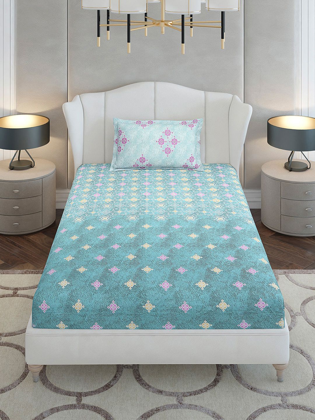 Monte Carlo Sea Green & Pink Printed 144 TC Single Bedsheet Set 2.29 m x 1.52 m
