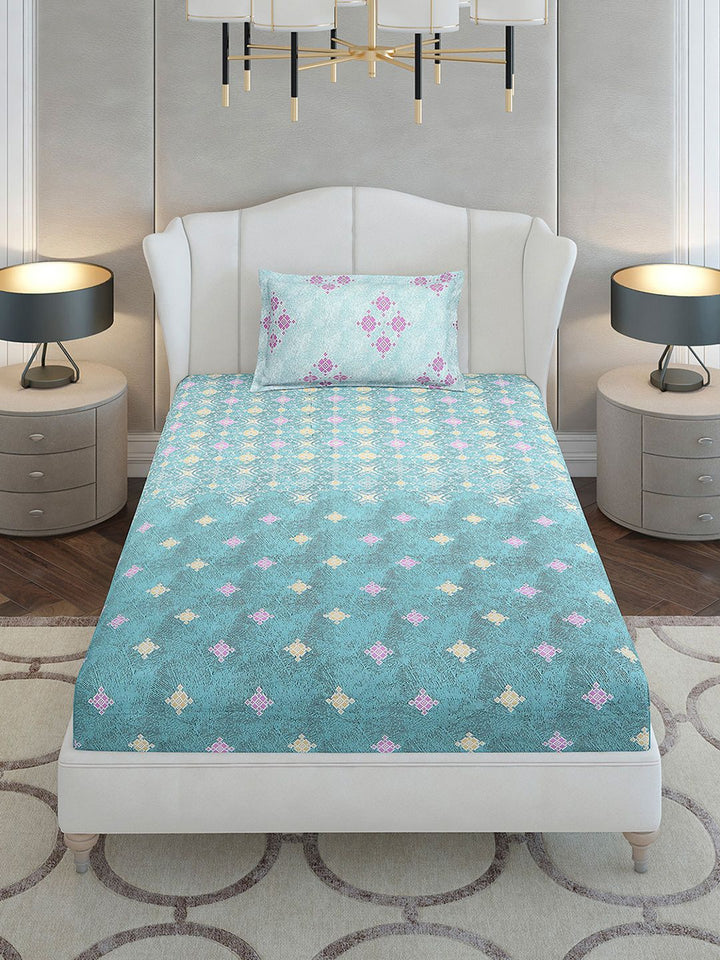 Monte Carlo Sea Green & Pink Printed 144 TC Single Bedsheet Set 2.29 m x 1.52 m