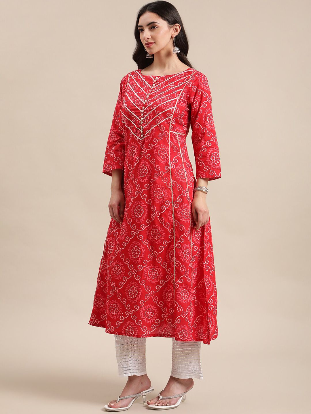 Varanga Women Red Geometric Printed Gotta Patti A-Line Cotton  Kurta