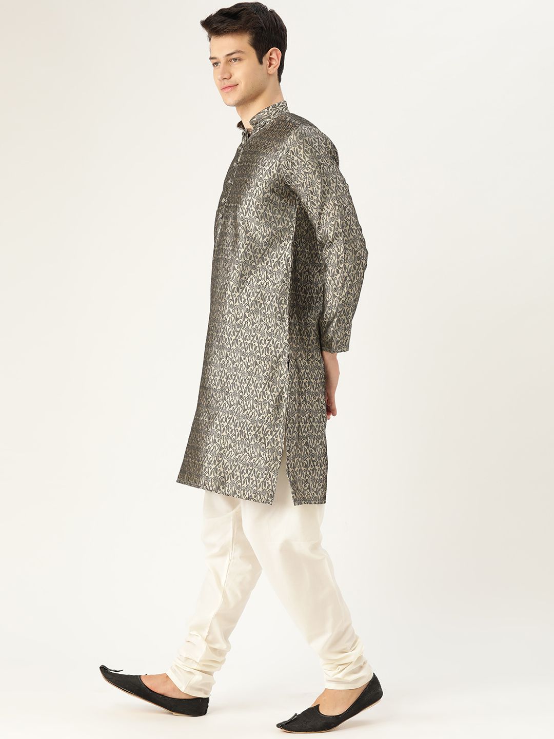 SOJANYA Lelaki Off-White & Black Woven Design Straight Kurta