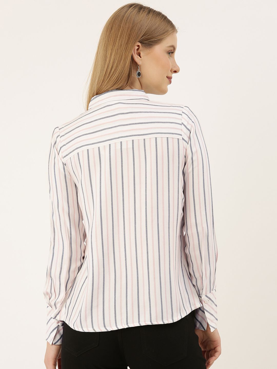 AND Women White & Black Striped Regular Fit Casual Shirt