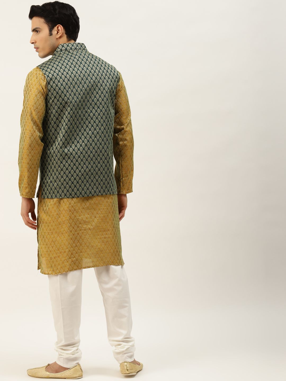 SOJANYA Lelaki Olive Brown & Green Jacquard Ethnic Motifs Straight Kurta with Churidar